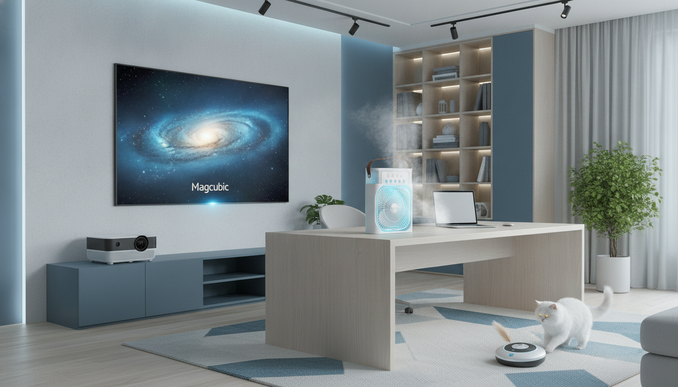 Magcubic Pro Home Projector, 3-in-1 Portable Air Cooler Fan, and Automatic Sensing Moving Mouse Interactive Cat Toy in a mode