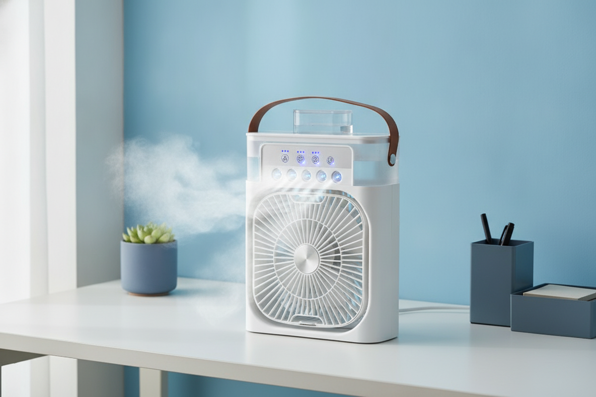 A 3-in-1 portable cooling fan with a humidifier and LED night light on a white desk, emitting a fine mist. A sky blue wall an